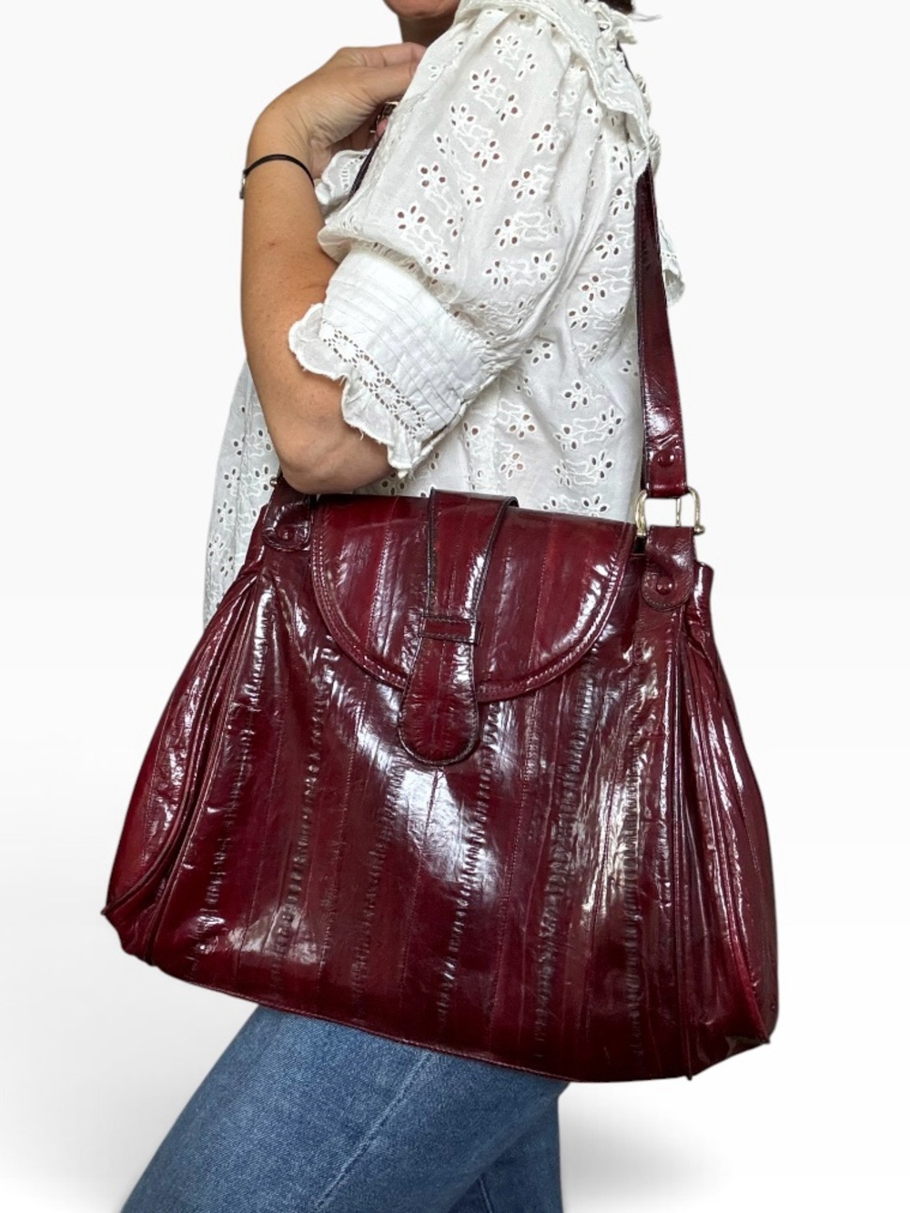 Vintage SUNCO Genuine Eel Skin Shoulder Tote Bag Oxblood Burgundy